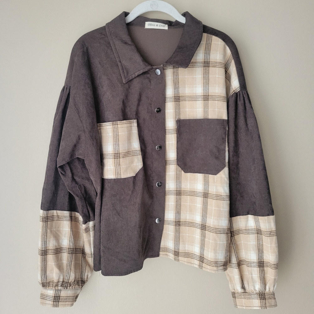 Olive & Leaf Flannel Corduroy Snap Button  Shirt Size Large